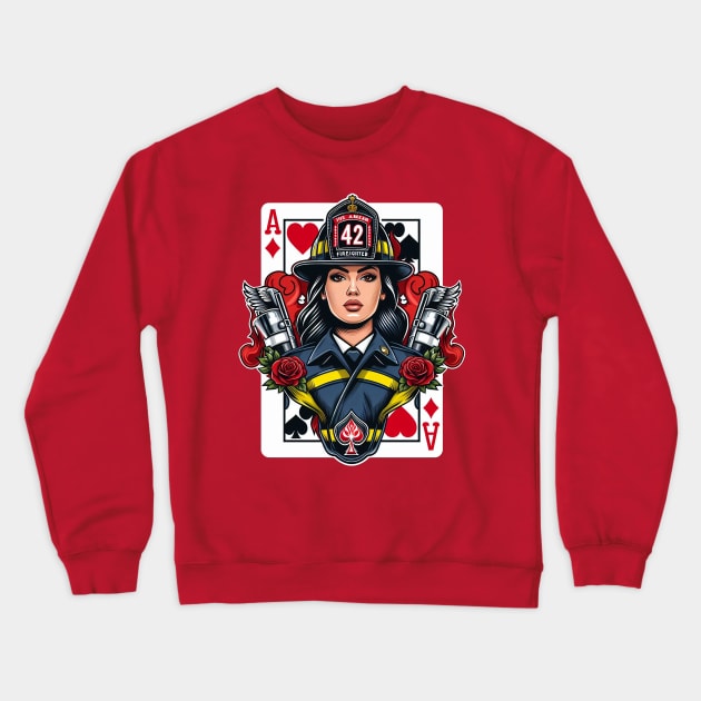 Woman Firefighter Playing Card Ace Of Diamonds Crewneck Sweatshirt by Dmytro